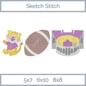 May include: Embroidered designs featuring a cartoon tiger wearing a purple shirt, a brown football with white stripes, and a stadium with purple and yellow accents. The text "Sketch Stitch" is at the top, with size options below.