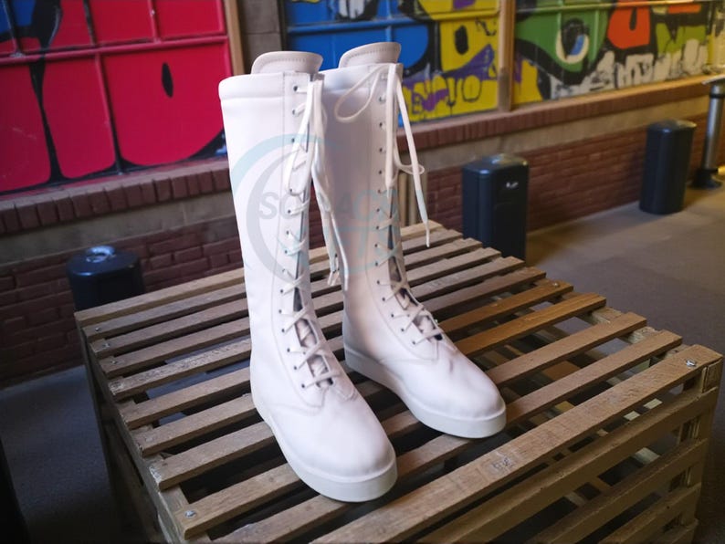 Botas de luta livre profissional, cano alto, cor branca, 100% couro legítimo, feitas à mão, com cadarço. imagem 10
