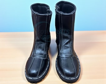 Stivali da cosplay in pelle mandaloriana fatti a mano, scarpe nere invecchiate