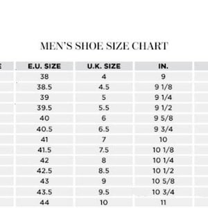 May include: A men's shoe size chart showing US, EU, UK, inch, and centimeter measurements. The chart shows sizes from 5 to 11 US, 38 to 44 EU, 4 to 10 UK, 9 to 11 inches, and 22.9 to 27.9 centimeters.