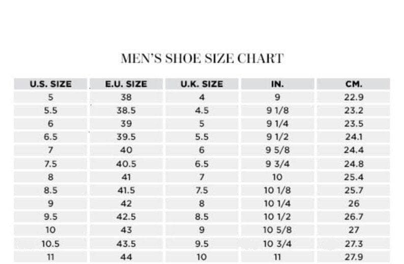 May include: A men's shoe size chart showing US, EU, UK, inch, and centimeter measurements. The chart shows sizes from 5 to 11 US, 38 to 44 EU, 4 to 10 UK, 9 to 11 inches, and 22.9 to 27.9 centimeters.