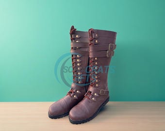 Handmade Brown Leather Knee-High Boots | Gothic Cosplay, Military Style
