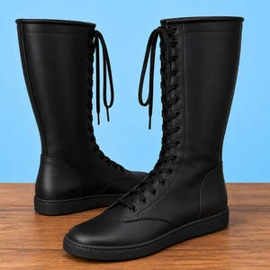 Puede incluir: Un par de botas negras hasta la rodilla con un acabado mate liso, punta redondeada y cordones frontales completos a juego. Las botas cuentan con una suela plana de color negro a tono y una caña estructurada que llega hasta la pantorrilla.