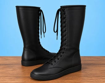 Pro Wrestling Boots, Long Black Color Shoes, 100% Genuine Leather, Handmade, Lace-up style