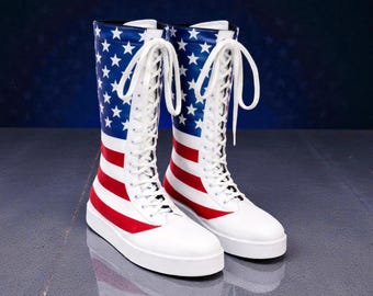 Patriotic Wrestling Boots USA Flag Men Pro Wrestler Shoes Custom Ring Boots Lace Up Boxing Shoes