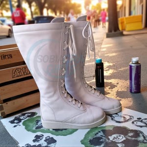 Botas de luta livre profissional, cano alto, cor branca, 100% couro legítimo, feitas à mão, com cadarço. imagem 8