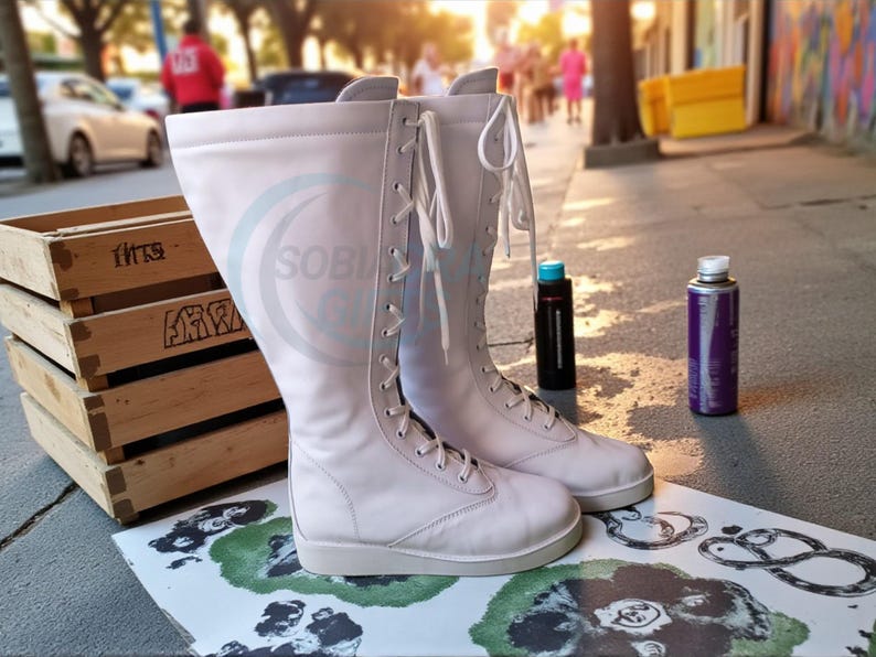 Botas de luta livre profissional, cano alto, cor branca, 100% couro legítimo, feitas à mão, com cadarço. imagem 8