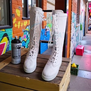Botas de luta livre profissional, cano alto, cor branca, 100% couro legítimo, feitas à mão, com cadarço. imagem 6