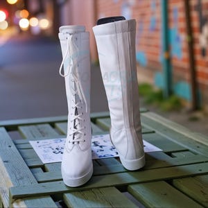 Botas de luta livre profissional, cano alto, cor branca, 100% couro legítimo, feitas à mão, com cadarço. imagem 5