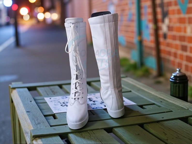 Botas de luta livre profissional, cano alto, cor branca, 100% couro legítimo, feitas à mão, com cadarço. imagem 5
