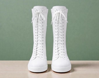 Handmade White Leather Wrestling Boots – High Top Lace-Up Ring Shoes