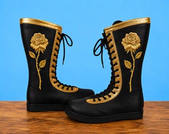 Pro Custom Wrestling Boots Black Gold Rose Design, Genuine Leather Fight Boots, Handmade Wrestling Footwear Unisex