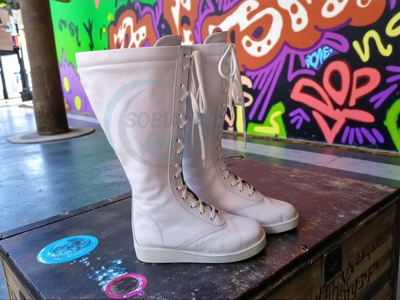 Botas de luta livre profissional, cano alto, cor branca, 100% couro legítimo, feitas à mão, com cadarço. imagem 3