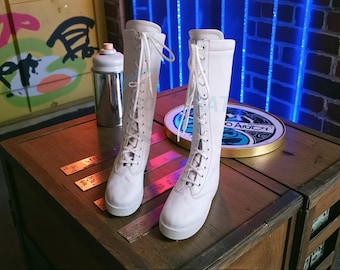 Stivali da wrestling professionistico, scarpe lunghe di colore bianco, 100% vera pelle, fatte a mano, stile con lacci