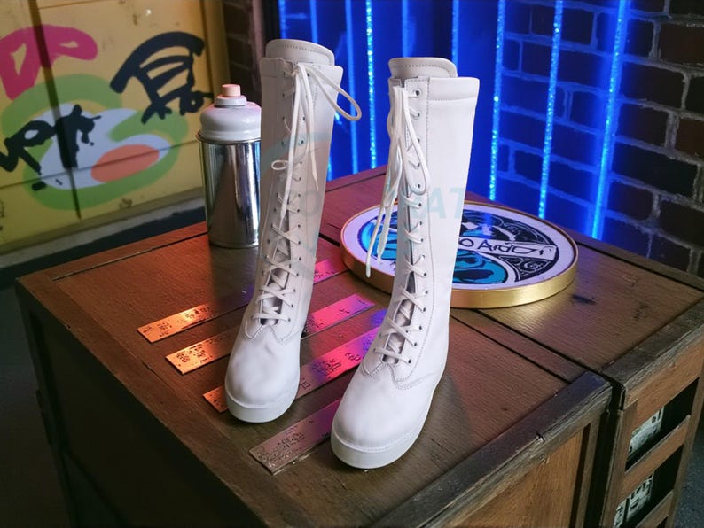 Pro Wrestling Boots, Long White Color Shoes, 100% Genuine Leather, Handmade, Lace-up style