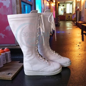 Botas de luta livre profissional, cano alto, cor branca, 100% couro legítimo, feitas à mão, com cadarço. imagem 7