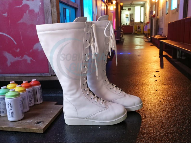 Botas de luta livre profissional, cano alto, cor branca, 100% couro legítimo, feitas à mão, com cadarço. imagem 7