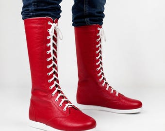 Pro Wrestling Long Boots, Handmade Lace-Up WWE Cosplay Boots, Leather Red Wrestling Boots, Custom Combat Ring Wrestler Shoes For Men Woman