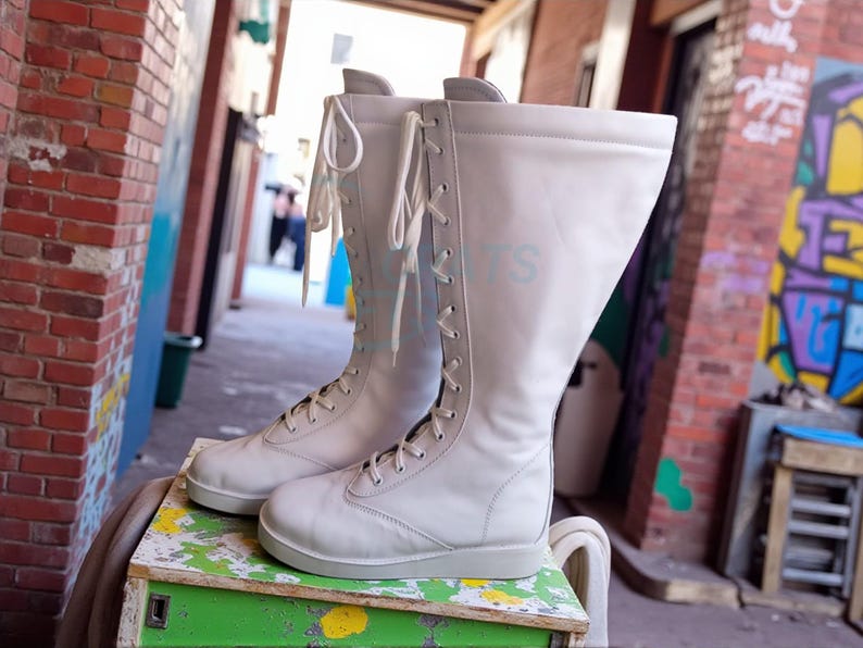 Botas de luta livre profissional, cano alto, cor branca, 100% couro legítimo, feitas à mão, com cadarço. imagem 9