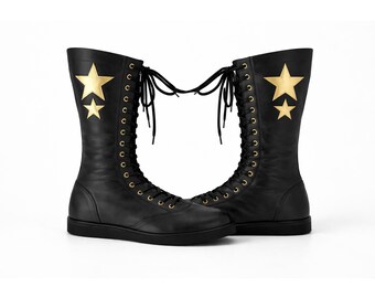 Pro Black Leather Knee High Boots with Gold Stars – Custom Lace Up Wrestling Boots – Handmade Leather Shoes –  Custom Boots Men & Women