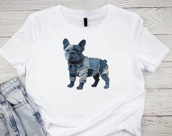 Puede incluir: Camiseta blanca con un diseño de bulldog francés. El perro lleva un atuendo de patchwork de mezclilla. La camiseta está hecha de tela blanca. Un par de jeans de mezclilla es visible en la esquina inferior izquierda.