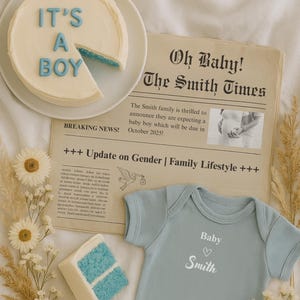 Modèle Canva C'est un garçon : le sexe révèle un faire-part de grossesse | E-Card Digital Gender Reveal en beige | Révélation nouveau bébé