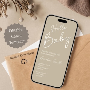 Digitalisierbare Babypartyeinladungen l Schwangerschaftskarte Bearbeitbare Canva-Vorlage l Moderne Beigefarbe Baby Showere Invite Instant Download E-Card