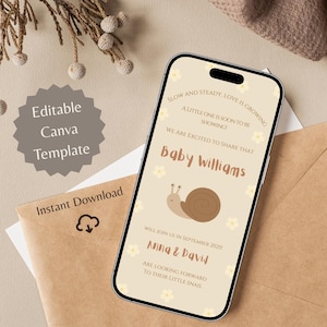 Faire-part de grossesse numérique sur le thème des escargots pour révéler le modèle de toile | E-Carte personnalisée | Faire-part de bébé à téléchargement immédiat