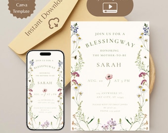 Digital Mother's Blessing invitation Editable Canva Template | Blessingway Invitation E-Card with Floral Design for Mom-to-be Celebration