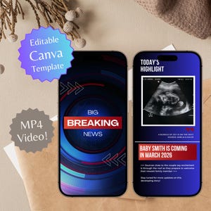 Video Pregnancy Announcement Breaking News Editable Canva Template l Newspaper Pregnancy Announcement Video l Pregnancy Reveal to Family