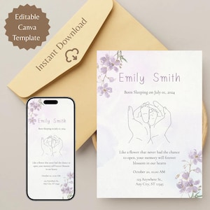 Annuncio digitale di perdita del bambino, biglietto di auguri per nascita morta, per funerali di bambini e lutto in gravidanza, modello Canva modificabile, e-card con motivo floreale pastello