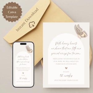 Modèle numérique de faire-part de fausse couche ou de carte de fausse couche modifiable avec un design minimaliste beige et un papillon pour les femmes enceintes