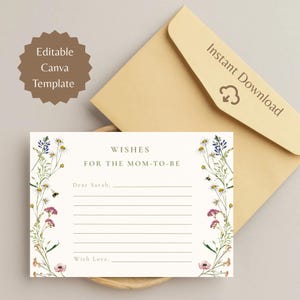 Tarjeta digital de deseos para futuras mamás para bendición de madres o baby shower. Plantilla personalizable de Canva. Diseño floral suave para bendición de madres bohemias.