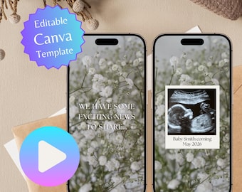 Plantilla Canva para video digital de revelación de bebé y anuncio de embarazo, video de revelación de embarazo con diseño floral.