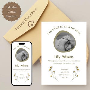 Annuncio digitale di perdita del bambino / Biglietto di auguri per la perdita di un figlio / Funerale di un figlio / Aborto spontaneo / Perdita di gravidanza / Modello Canva modificabile / E-Card WhatsApp