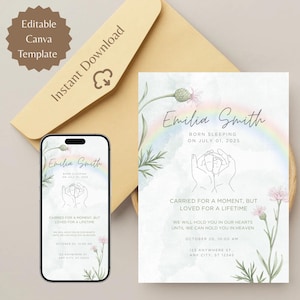 Tarjeta digital de anuncio de pérdida de bebé, mortinato para funeral infantil y pérdida de embarazo, plantilla editable de Canva, tarjeta electrónica con arcoíris de bebé durmiendo.