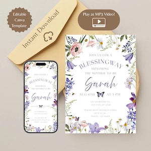 Modèle numérique sur toile modifiable d'invitation pour la bénédiction des mères | Carte d'invitation électronique Blessingway à motif floral pour une fête de future maman