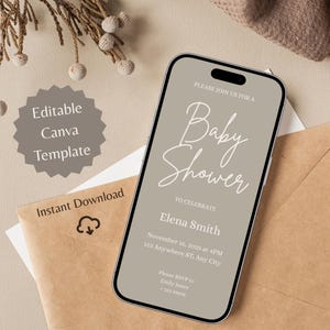 Invitaciones digitales para baby shower en beige con un diseño elegante y atemporal / Invitación elegante para baby shower / Tarjeta electrónica con plantilla de Canva para futura mamá