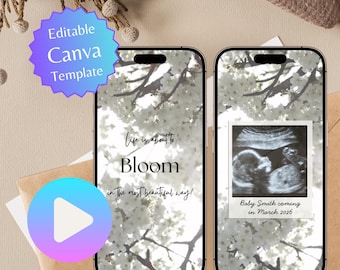 Digitale Schwangerschaftsankündigung & Baby Reveal Video, bearbeitbare Canva Template E-Card, Floral Design Blossom Schwangerschaftsenthüllung, animiertes Video