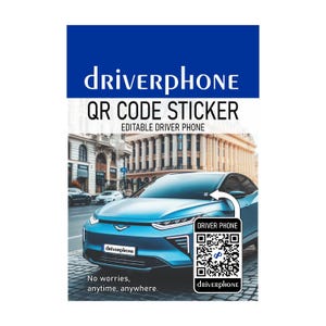 May include: A blue car with a QR code sticker on the rear window. The sticker says "driverphone" and has a QR code that can be scanned with a smartphone. The text on the sticker says "Driver Phone" and "No worries, anytime, anywhere."