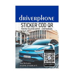 Puede incluir: Un coche azul con una pegatina de driverphone en la ventana trasera. La pegatina tiene un código QR y el texto "TELEFON ŞOFER" y "DRIVERPHONE". El texto de la pegatina dice "STICKER COD QR PENTRU TELEFON ŞOFER - CONFIGURABIL" y "Stai fără griji, oricând, oriunde ai fi."