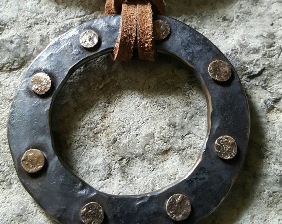 Pendant, Bronze Hand Forged Circle Pendant, Rustic Jewelry, Necklace 2.5" d, Stainless Steel, Bronze & Leather Strap, Unisex Pirate Gifts,