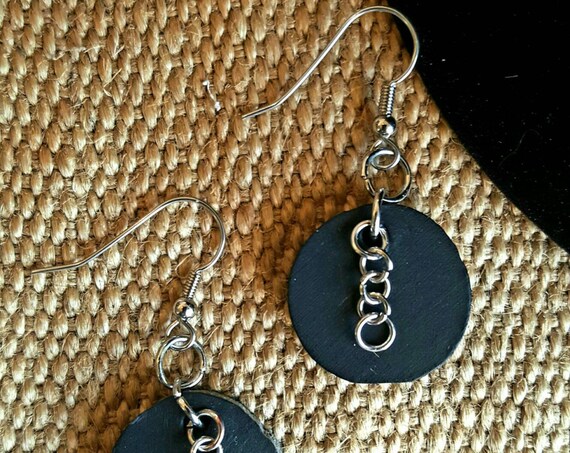 Hand Made Lightweight Black Round Leather Earring Set with Chains~ Silver Shepherd Hooks ~ Hand Dyed Earrings - Canadian Leather Jewelry