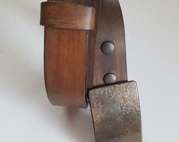 Belt & Buckle SET Hand Forged Hypoallergenic Belt Buckle w/ Hand Dyed Leather Woodgrain Snap Belt Accessories For Men's Ladies Jeans, Chinos
