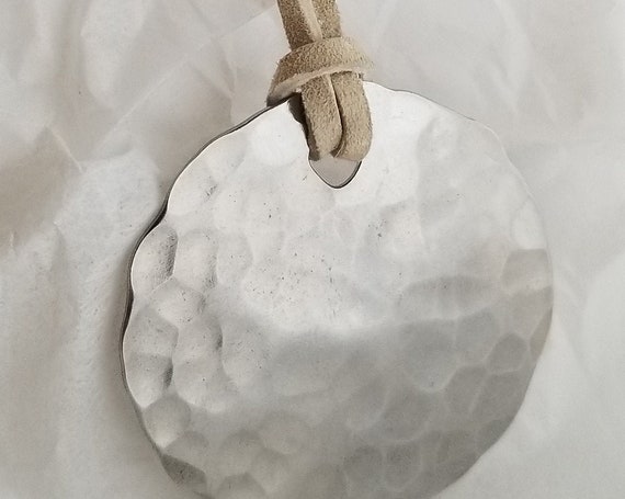 Hammered Silver Lightweight Pendant on a Natural Leather Strap with Single Knot, Stocking Stuffer, Simple Gifts for Gals, Lightweight Gifts