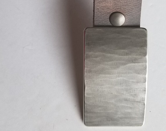 Suit Buckle & Belt Set, Silver Wood Grain Buckle and Belt, Signed Original, HypoAllergenic Buckle with Leather Belt with Snaps for Suits