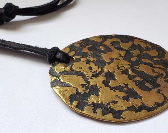 Gold & Black Pendant Necklace, Hand Forged, Hammered Jewelry, Canadian Handmade Necklace on Leather Strap w/ Gift Bag, Canadian Accessories