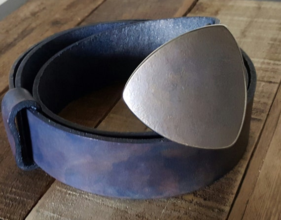 Signed Hand Forged Stainless Steel Guitar Pick Belt Buckle & Hand Dyed Interchangeable Snap Jean Belt to Fit Blue Jeans Storage Bag Included