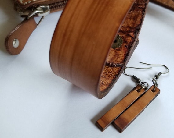 Leather Anniversary - Leather Cuff & Earring Set - Lightweight Earrings with Cuff Set - Recycled Leather Jewelry - Sizes - Gift Bag Incl.