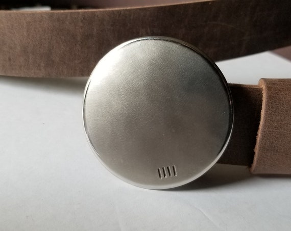 Anniversary Gift, Round Belt & Buckle, Leather Belt with Round Buckle, Fits Blue Jeans, Belt has Snaps, Custom Cut to Your Waist Size,